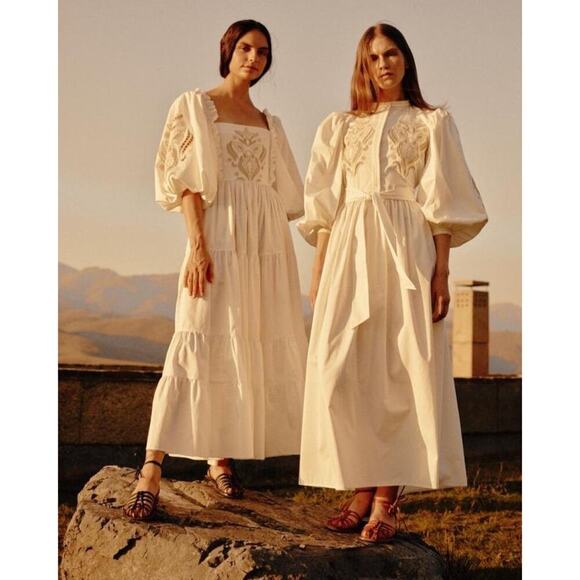 Lug Von Siga Daphne Embroidered Puff Sleeve Maxi Dress Off-White Size 34 FR/US 2 - Picture 3 of 12